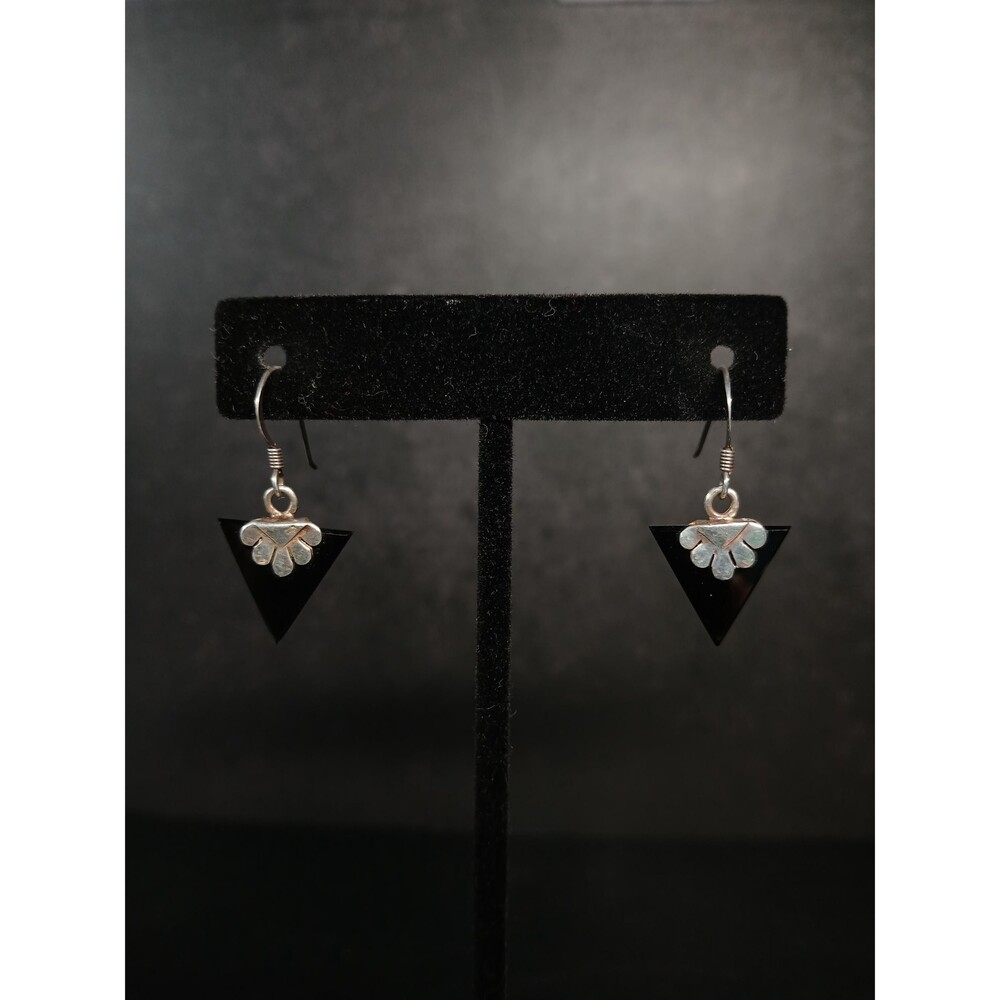 Sterling Silver 925 Black Onyx Triangle Dangle Earrings ~1.25"
